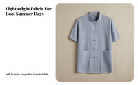 Tang Suit Shirt for Elderly Men, Chinese Style, Handmade Frog Buttons, Short Sleeve