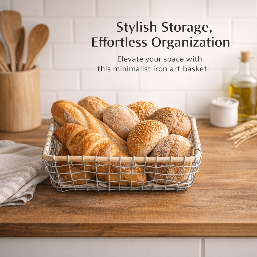 Kitchen Storage Wire Basket with Wicker Edge for Pantry Organizers and Black Metal for Fruits and Vegetables, Square Design