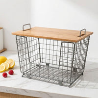 Wire Basket for Fruit & Vegetable Storage, with Bamboo Lid, Minimalist Design