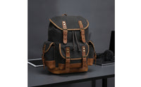 Waxed Canvas Backpack Rugged Canvas Rucksack with Leather Trim Vintage Backpack with Buckle Straps for Journeyers, Students, Travel, Commuting
