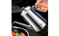 Wood-Look Handle Stainless Steel Oil Dispenser Polished Metal Oil Jug with Spout Easy to Clean