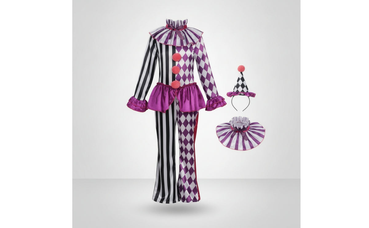 Clown Costume with Hat Ruffled Clown Costume Striped Outfit for Halloween, Cosplay, Stage Performance