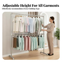On casters Rolling Clothes Stand with Basket Double Hanging Rod Rolling Clothing Stand with Shelves unrestrictedstanding Garment Rack 2-in-1 Design for Boutique Owners, Homeowners, Bedroom, Retail outlet, children's Room, Entryway