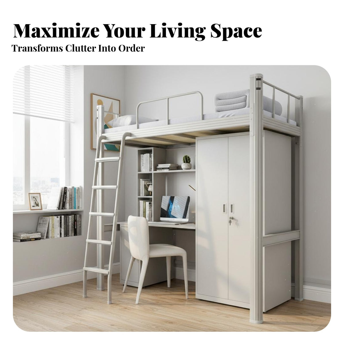 Loft Bed with Desk and Wardrobe Unified Design Dormitory Bed Workstation Space-Saving for College Students, Teenagers, Small Apartment, Home Office
