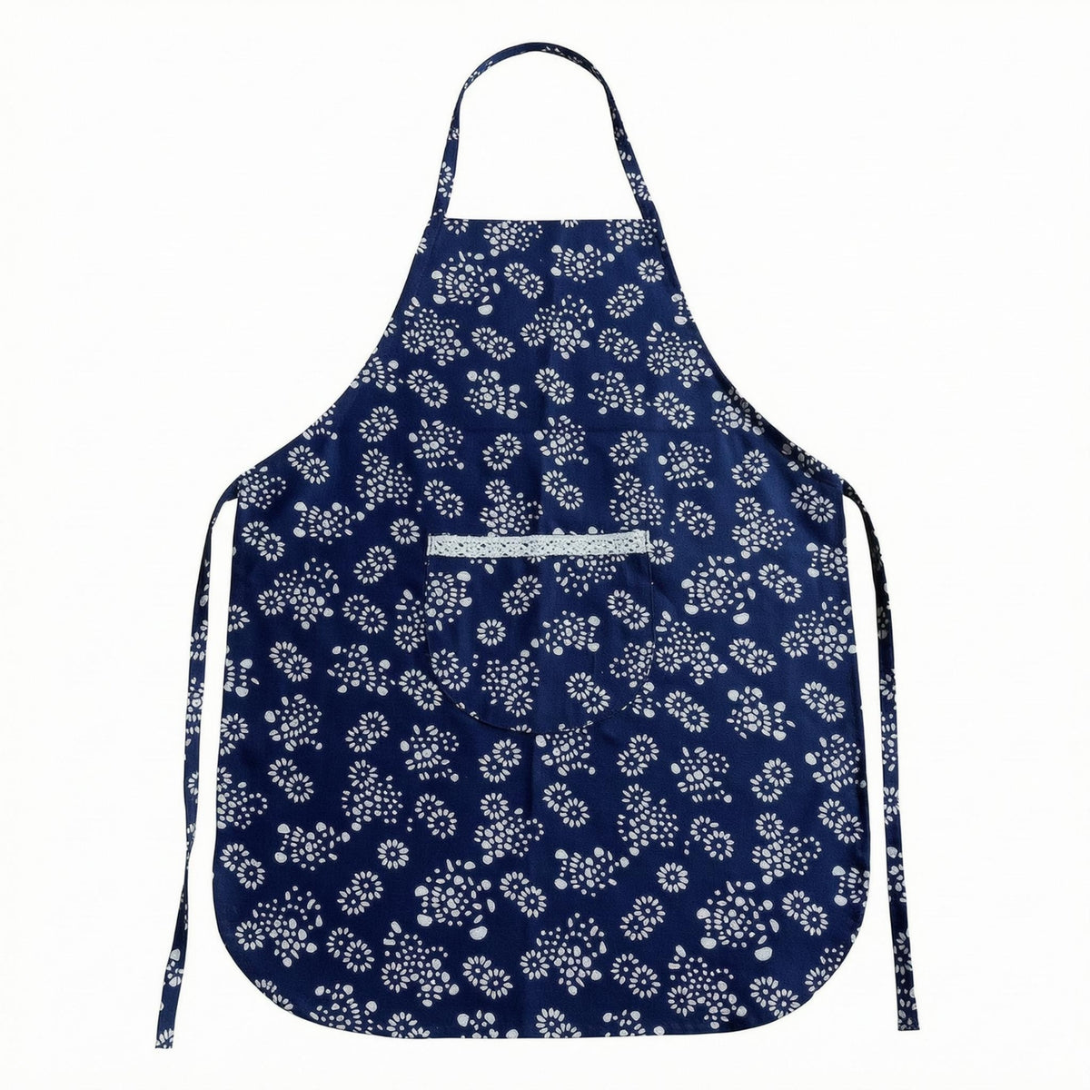 Neck Loop Floral Apron Waist Ties Cotton Apron Decorative Trim Home Wear Rounded Hem