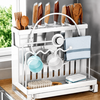 Stainless Steel Utensil Holder, Modern Countertop Cutlery Drainer with Double Chopstick & Rag Rack, Drip Tray for Small Kitchens