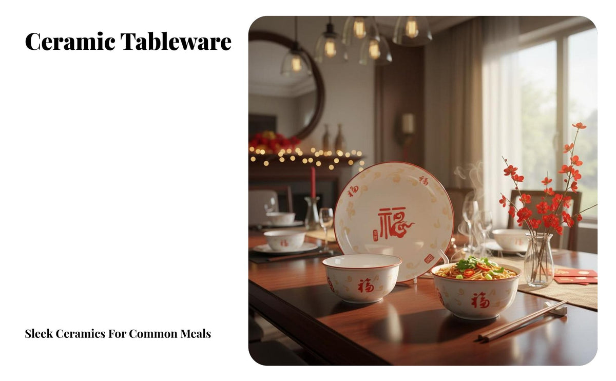 Ceramic Rice Bowl Set, Red Fu Character, Chinese Style, Festive Tableware, 2025, Random Pattern
