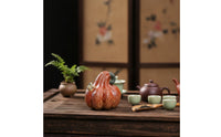 Ceramic Pumpkin Tea Pet Textured Tea Pet with Frog Handmade Frog Figurine Lobed for Collectors, Display Shelf
