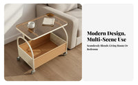 Mobile Design Wheeled Side Table Space-Saving Rolling Side Table with Basket Sturdy Frame Storage Trolley Tempered Glass Surface for Apartment Dwellers, Homeowners, Office Workers, Living Room, Bedroom, Small Areas, Balcony