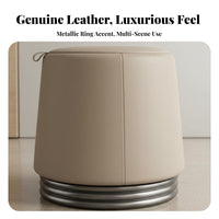 Round Padded Ottoman Genuine Leather Upholstery Vanity Seat Modern Minimalist Design Light Luxury Aesthetic for Homeowners