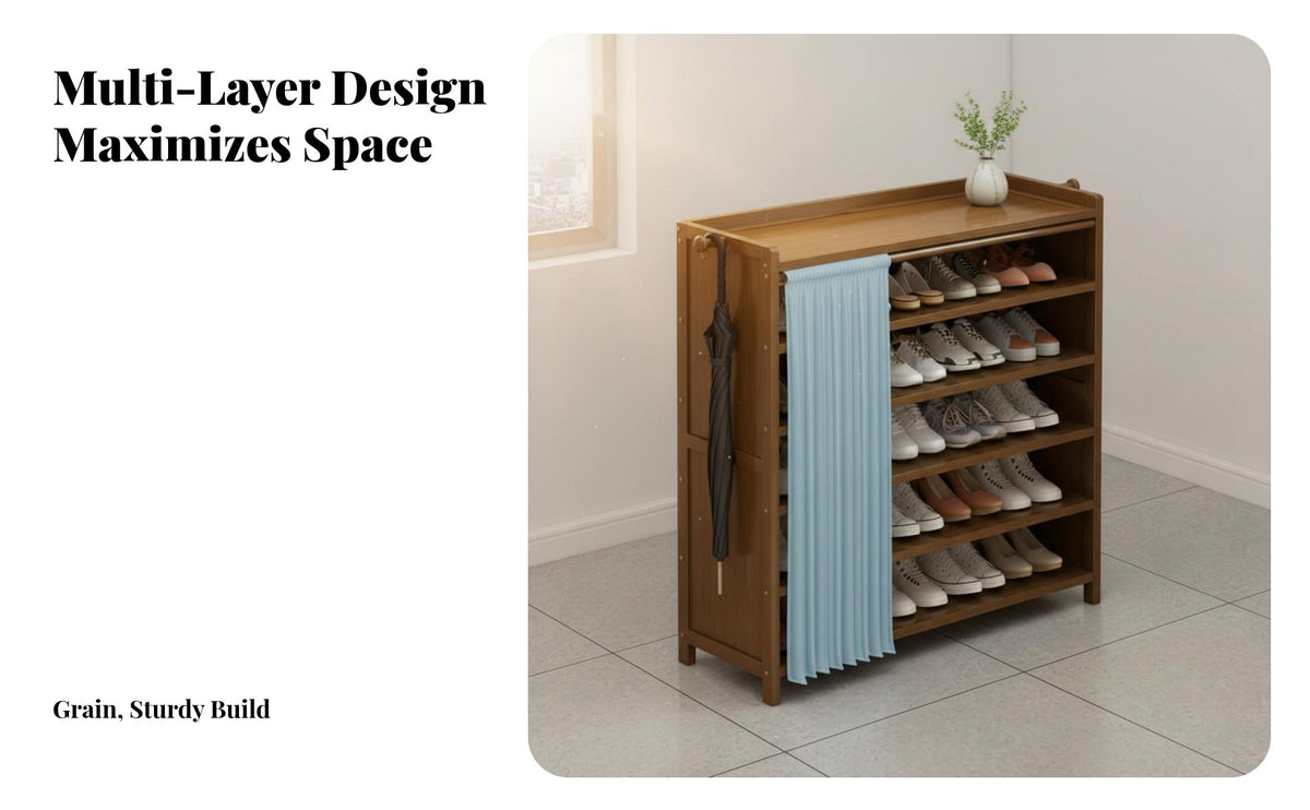 Space-Saving Bamboo Shoe Cabinet Large Capacity Dust-Proof Shoe Rack with Curtain Long-Lasting Stable and Sturdy for Families, Homeowners, Hallway, Apartment, Dorm Room, Bedroom