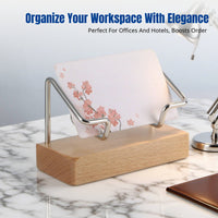 Beech Wood Business Card Holder, Metal Stand, Office Desktop Organizer, Modern Minimalist Card Display, Multiple Colors