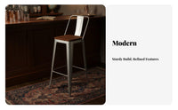 Industrial Aesthetic Metal Frame High Stool with Backrest Retro Design Bar Height Seating Versatile Commercial Furnishing Space-Saving for Cafe Owners, Apartment Dwellers, Restaurant, Small Areas, Dining Room, Kitchen