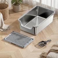 Cat Toilet Stainless Steel Litter Tray, Semi-Enclosed Extra Large Litter Pan for Big Cats, Easy Clean Non Sticky High Entry Side Metal Basin