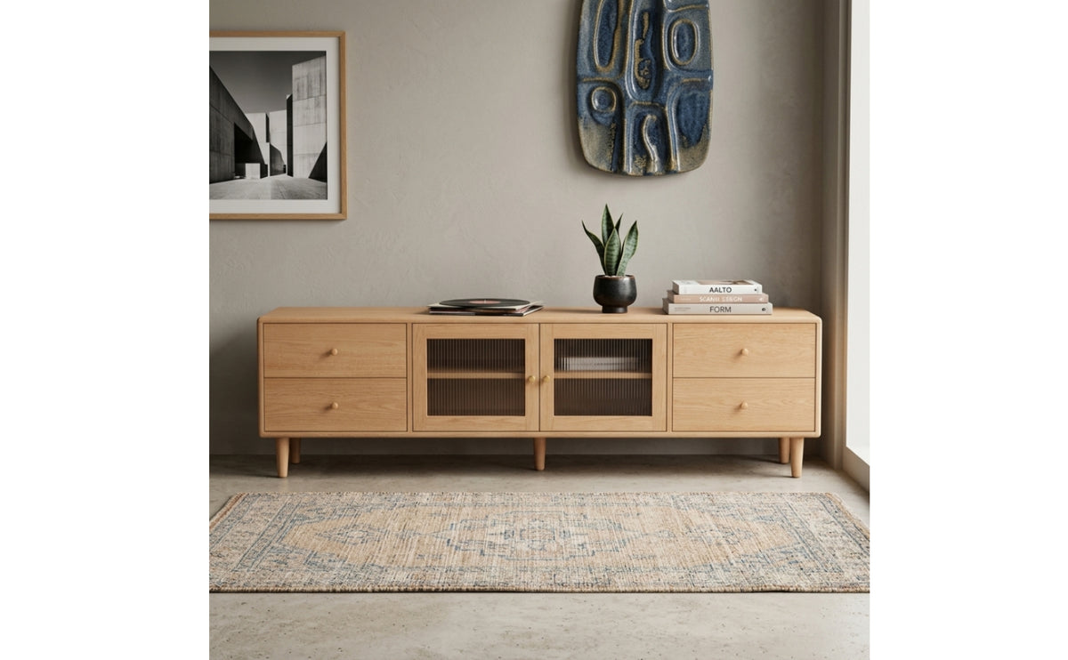 TV Cabinet with Drawers Solid Wood TV Stand with Drawers Ribbed Glass-Front Media Console for Living Room, Apartment