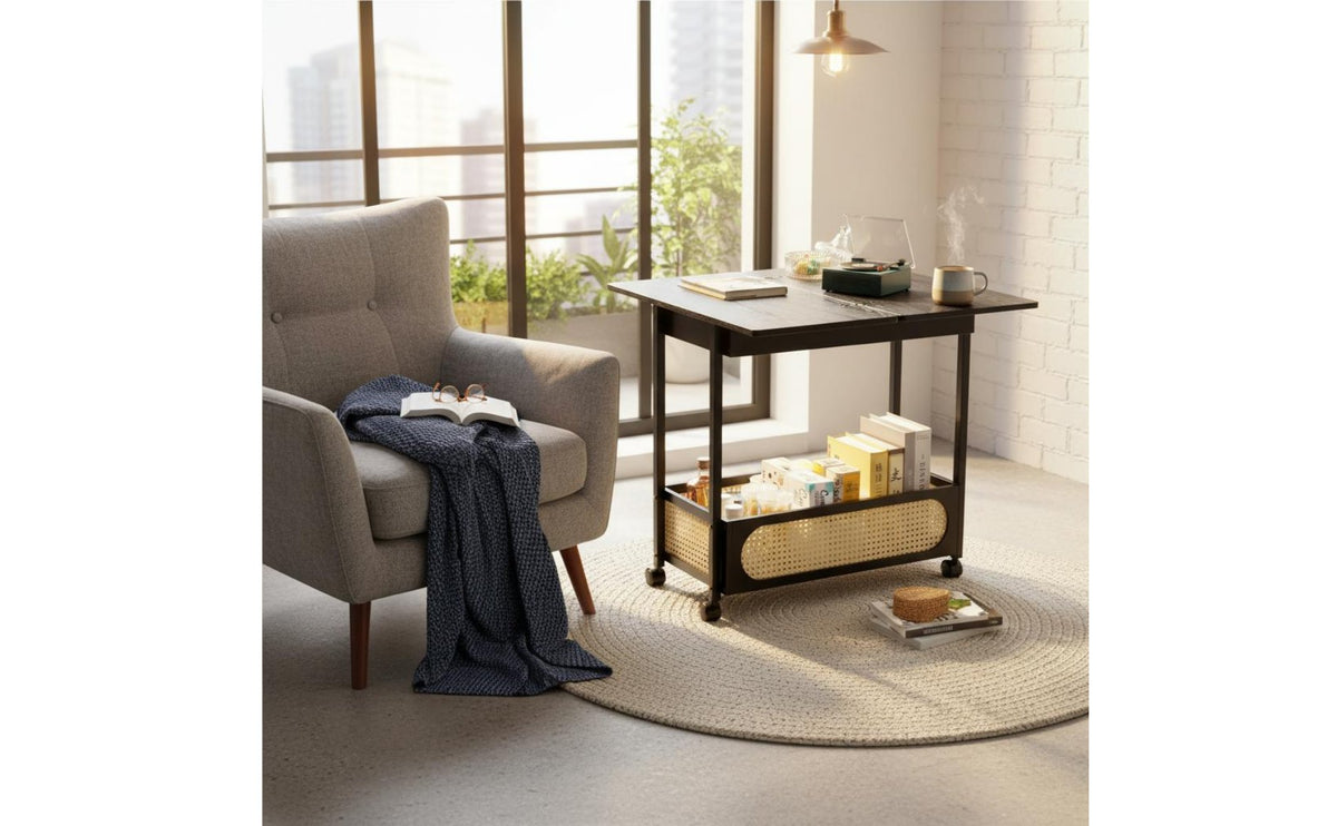 360° Swivel Casters Rolling Side Table Space-Saving Design Mobile End Table with Storage Expandable Tabletop Slim Storage Trolley for Living Room, Small Areas, Bedroom