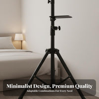 No-Drill Installation Video Display Tripod Stand 360° Swivel Video Display Stand with Tray Tool-Effortless Assembly Multifunctional Device Tray Portable for Bedroom, Home Theater, Living Room