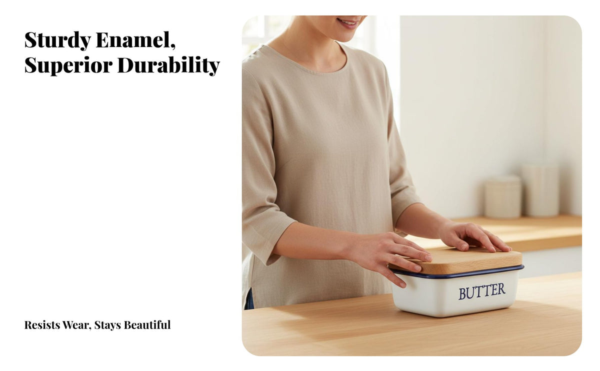 Enamel Butter Dish Dishwasher Butter Keeper with Wood Lid Kitchenware for Cooks, Hosts, Kitchen Countertop, Refrigerator, Dining Table