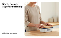 Enamel Butter Dish Dishwasher Butter Keeper with Wood Lid Kitchenware for Cooks, Hosts, Kitchen Countertop, Refrigerator, Dining Table