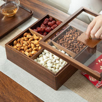 Wooden Dry Fruit Box with Compartments 4-Compartment Divided Serving Tray with Lid Multi-Purpose Snack Organizer with Clear Lid Space-Saving for Hosts, Holiday Gatherings, Tabletop, Countertop, Tea Table