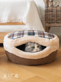 芝小麻经典格纹铜锣烧猫窝封闭式猫屋猫咪两用窝垫冬天保暖猫房