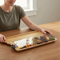 Built-in Compartments Bamboo Serving Tray with Lid Easy-Snap Locking System Divided Food Tray with Handles Food-Safe Safe Reversible Compartment Platter for Party Hosts, Picnic, Potluck