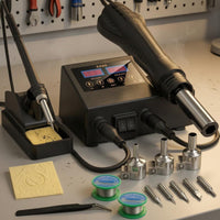 Digital Display Soldering and Hot Air Station Interchangeable Nozzles 2 in 1 Soldering Station Cleaning Sponge Workshop Equipment Space Saving Design