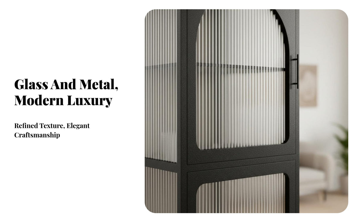Nordic design aesthetic Fluted Glass Curio Cabinet Light Luxury Design Display Case Storage Furniture for Interior Designers, Collectors, Homeowners, Dining Room, Home creamice, Bedroom, Kitchen