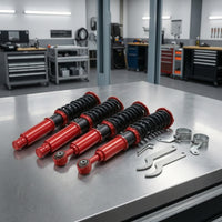4 Pieces Heavy-Duty Coilover Chassis System Kit Steel Coilover Kit Red and Black Spring Shock Absorber Sporty for Car Enthusiasts, DIY Mechanics