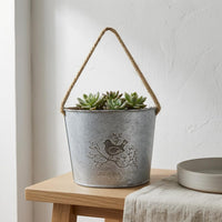 Distressed White Hanging Flower Pot Bird Motif Iron Flower Pot Rope Handle Metal Bucket Planter Printed Text