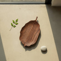 Wooden Leaf Design Tray Walnut Wooden Tray with Carved Texture Handmade for Hosts, Decorators, Tea Time, Tabletop Styling