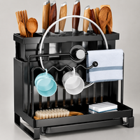 Stainless Steel Utensil Holder, Modern Countertop Cutlery Drainer with Double Chopstick & Rag Rack, Drip Tray for Small Kitchens