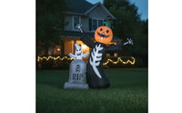 2 Pieces Freestanding Inflatable Skeleton with Pumpkin Head Spooky Inflatable Tombstone with Ghost Outdoor Halloween Inflate Decoration Scary for Lawn