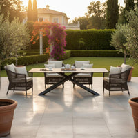 7 Pieces Waterproof Modern Rectangular Garden Dining Set Heavy-Duty Frame Sintered Stone Top Dining Table Set for Courtyard, Balcony