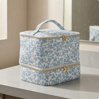 Double-Layer Makeup Bag Full-Zip Cosmetic Organizer Top of the Bag Handle Large Cosmetic Organizer