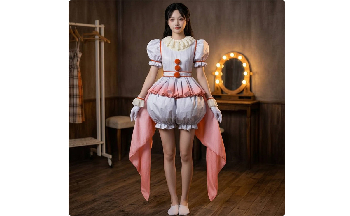 Theatrical Clown Costume Playful Clown Dress with Gloves Gothic Cosplay Dress with Collar Delicate for Girls, Photo Shoots