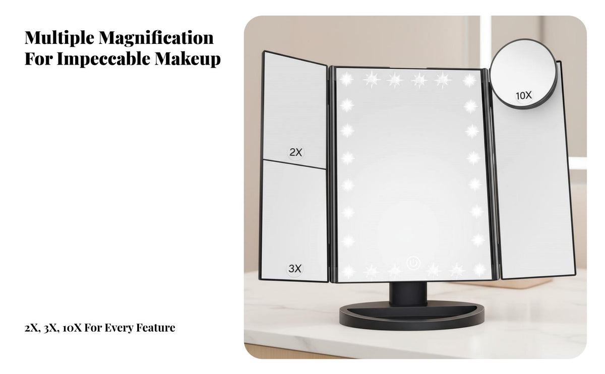 Three-Panel Lighted Mirror Built-in Illuminated Lights Lighted Three-Panel Magnification Vanity Portable