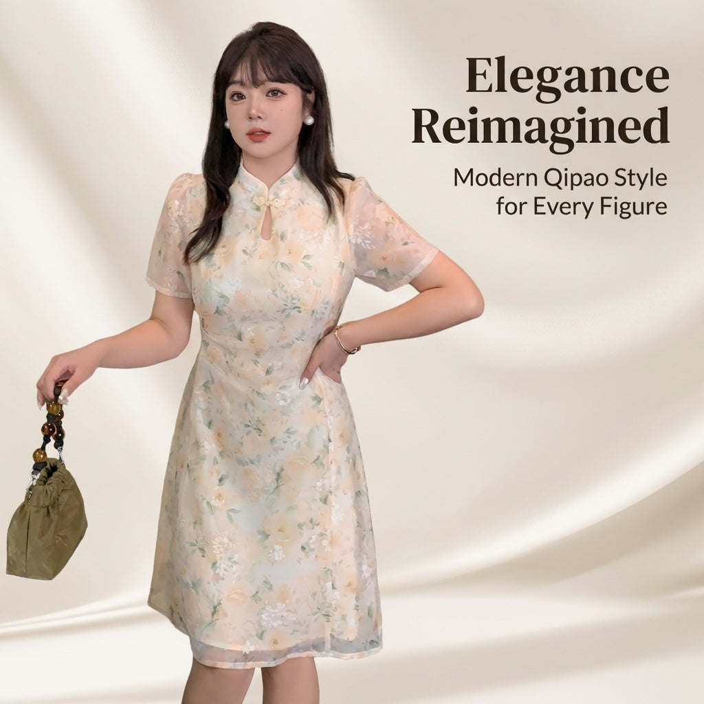 Wedding Guest Dress Chinese Cheongsam for Women with Three Quarter Puff Sleeves, Traditional Qipao with Button Closure for Summer