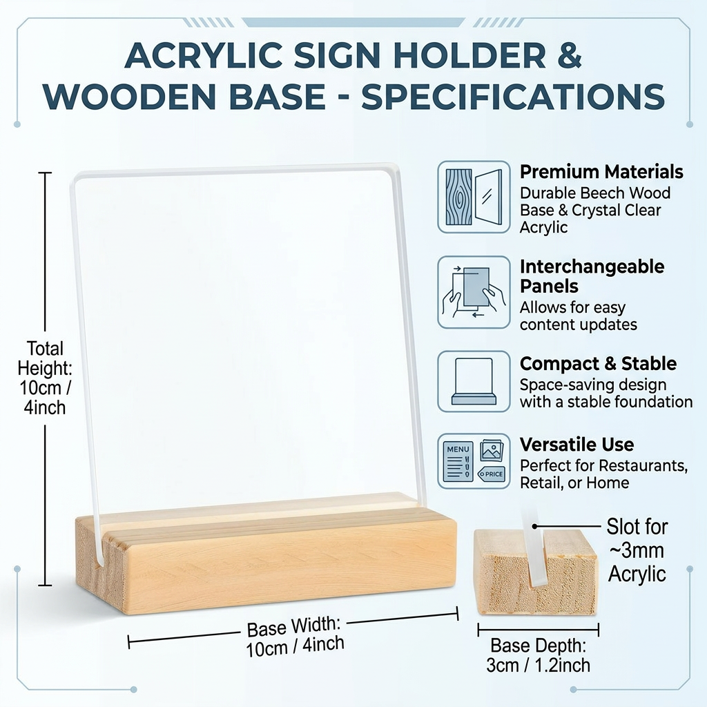 Clear Acrylic Sign Holder with Wooden Base, Display Stands for Desk Decoration, Transparent Card for Place