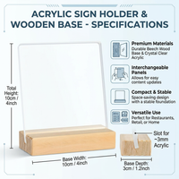 Clear Acrylic Sign Holder with Wooden Base, Display Stands for Desk Decoration, Transparent Card for Place