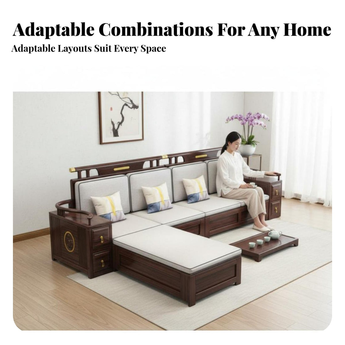 Wooden Living Room Furniture Set New Chinese aesthetic Multi-Piece Seating Group sturdy Wood Construction Couch Collection for Adults, Villa, Home, Lounge