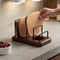 Wooden Cutting Board Stand Multi-functional Vintage Style Dark Brown Holds 3 Pieces With Draining Kitchen Storage