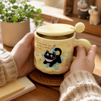 Cute Cat Ceramic Mug with Lid and Spoon, 400ml Coffee Tea Cup, Novelty Gift for Friends and Office