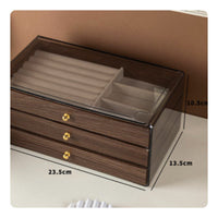 Large Capacity Walnut Wood Grain Jewelry Case Dust-Proof 3-Drawer Jewelry Chest Removable Dividers Multi-Compartment Storage Case Soft Velvet Lining for Women, Bedroom, Vanity, Dresser