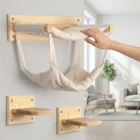 Cat Climbing Frame with Wall Mounted Bed and Hammock, Solid Wood Five-Tier Perch for Large Indoor Cats, Space-Saving Wood and Textile Set