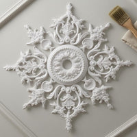 Scrollwork French-Design Ceiling Medallion Relief Design Floral Ceiling Panel Ornate Embossed Lamp Hole Cover White