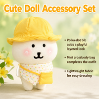 Dolls Clothes for 10cm Plush Dolls, 3-Piece Polka Dot Outfit Set with Hat, Bib & Bag, Soft Toy Clothing Set