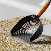 Wooden Handle 10th Gen Stainless Steel Silver Slotted Round Hole and 10th Gen Upgraded Carbon Steel Grey Slotted Round Hole litter sifter waste