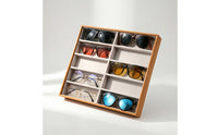 Wood-Grain Sunglasses Display Case 10-Slot Eyeglass Display Box Slanted Sunglass Organizer Upright for Retailers, Collectors, Retail Counter, Dresser, Optical Shop