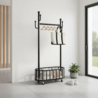 Rolling Clothes Rack with Basket Heavy Duty Freestanding Garment Rack with Hooks Mobile Design Style Coat Tree for Living Room, Entryway